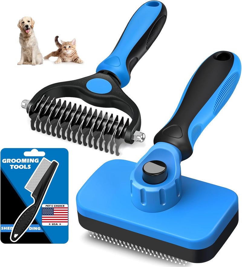 Augwind 3PCS Self Cleaning Slicker Brush & Pet Grooming Rake & Flea Comb for Dogs,Cats and Horses | Double-Sided Dematting Comb & Skin Friendly Deshedding Grooming Tool | Premium Pet Supplies (Blue Black) - Image 1
